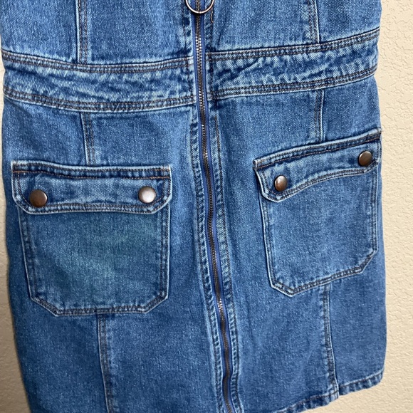 Forever‎ 21 Womens Small Retro Denim Dress Deep V-Neck Zip Up Pockets Cotton - Picture 3 of 7